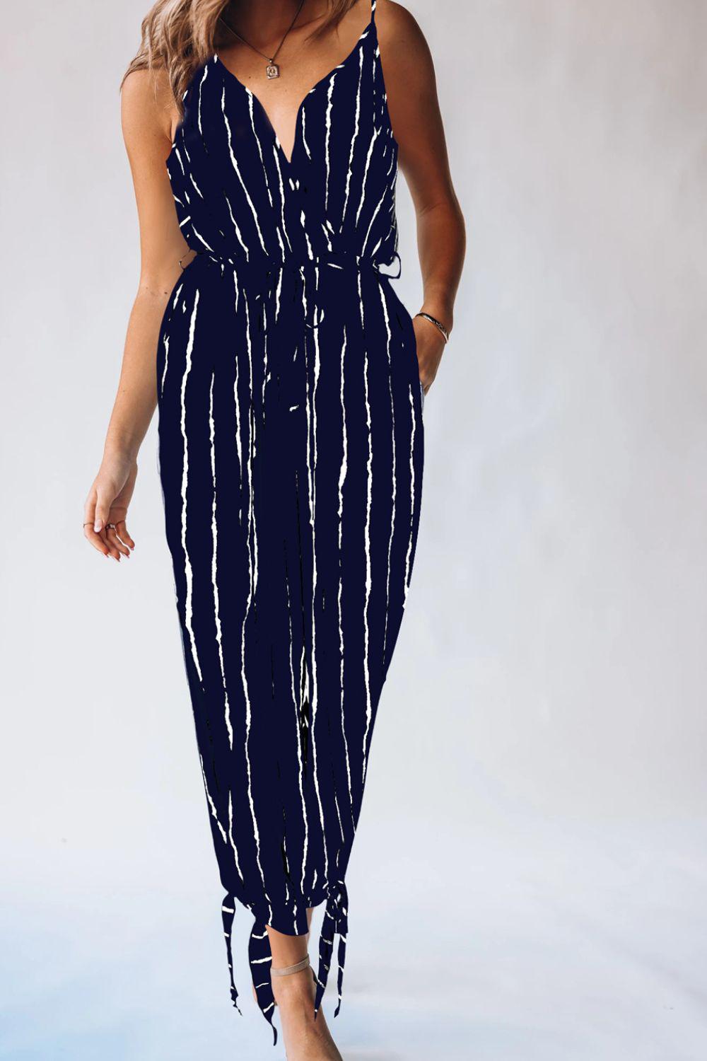 Striped Contrast Tie Ankle Spaghetti Strap Jumpsuit BLUE ZONE PLANET