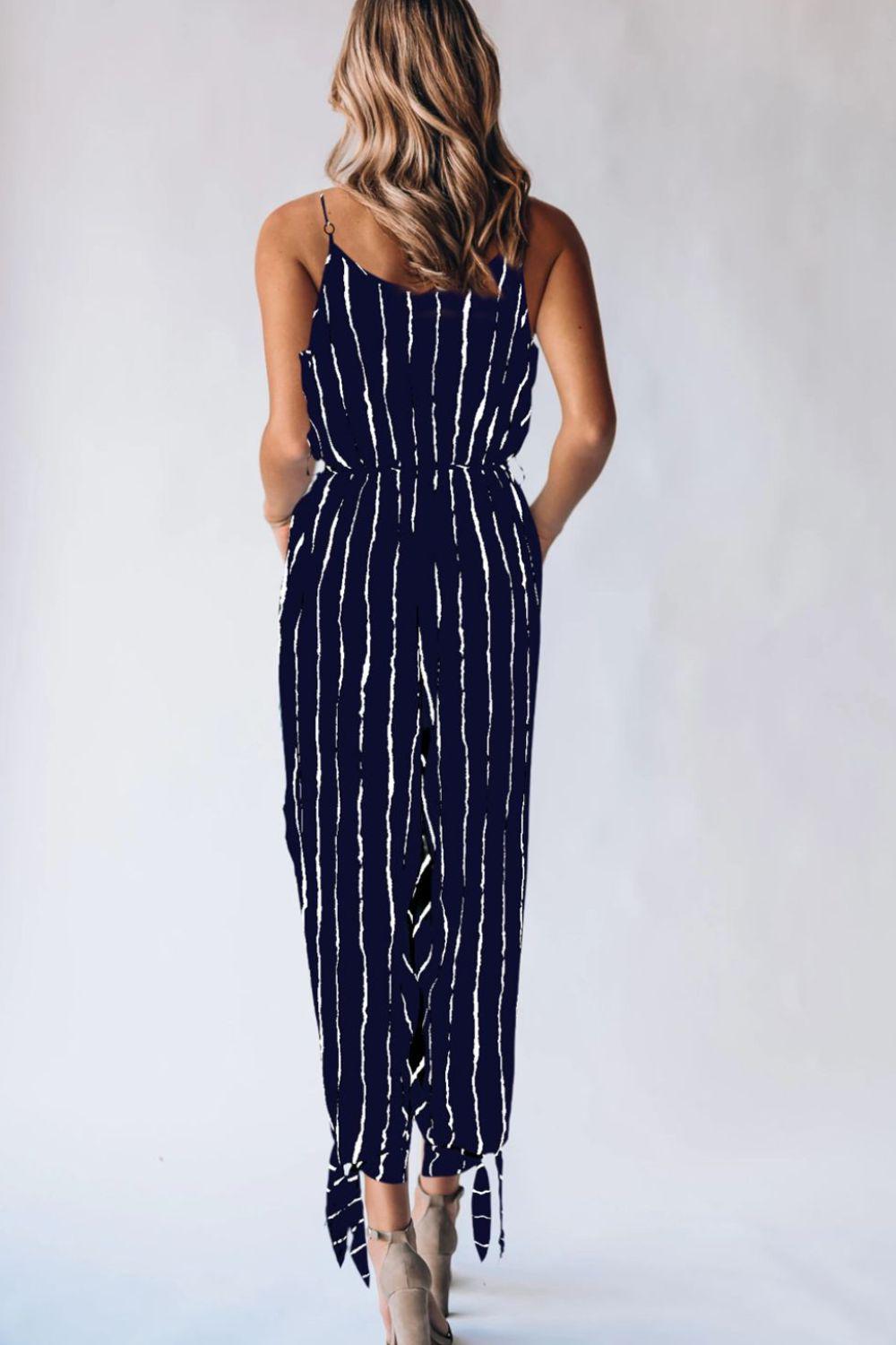 Striped Contrast Tie Ankle Spaghetti Strap Jumpsuit BLUE ZONE PLANET