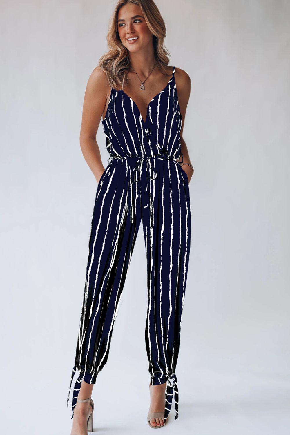 Striped Contrast Tie Ankle Spaghetti Strap Jumpsuit BLUE ZONE PLANET