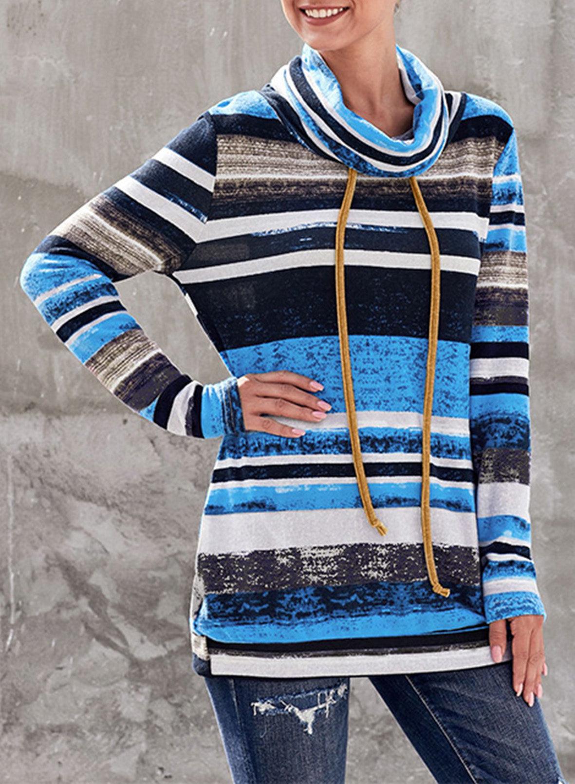 Striped Cowl Neck Tunic Sweatshirt BLUE ZONE PLANET