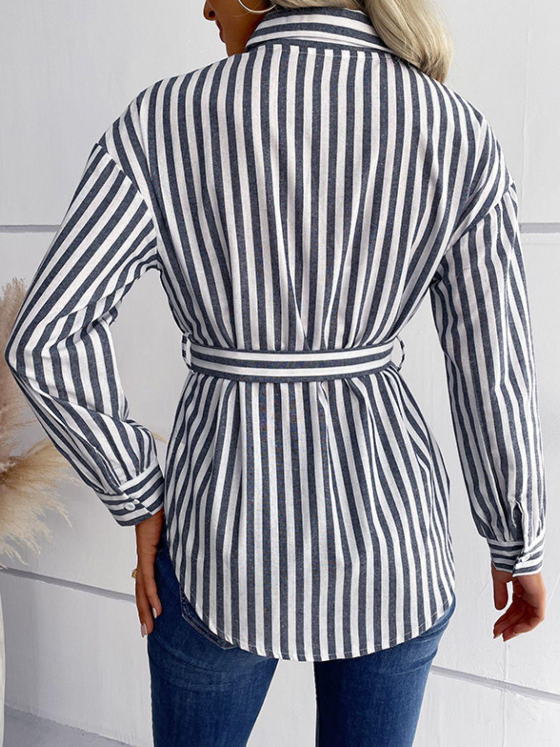 Striped Curved Hem Belted Shirt BLUE ZONE PLANET