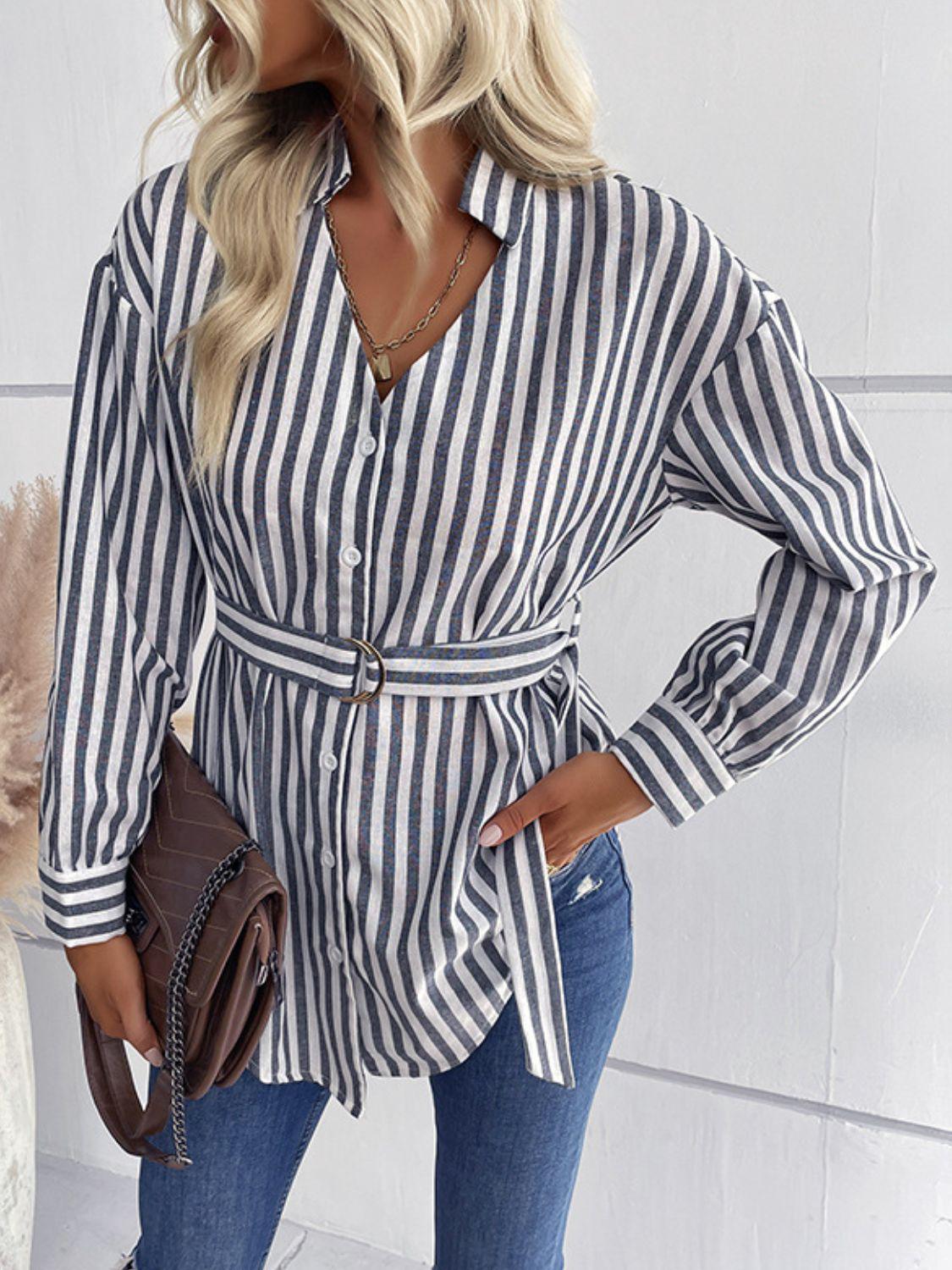 Striped Curved Hem Belted Shirt BLUE ZONE PLANET