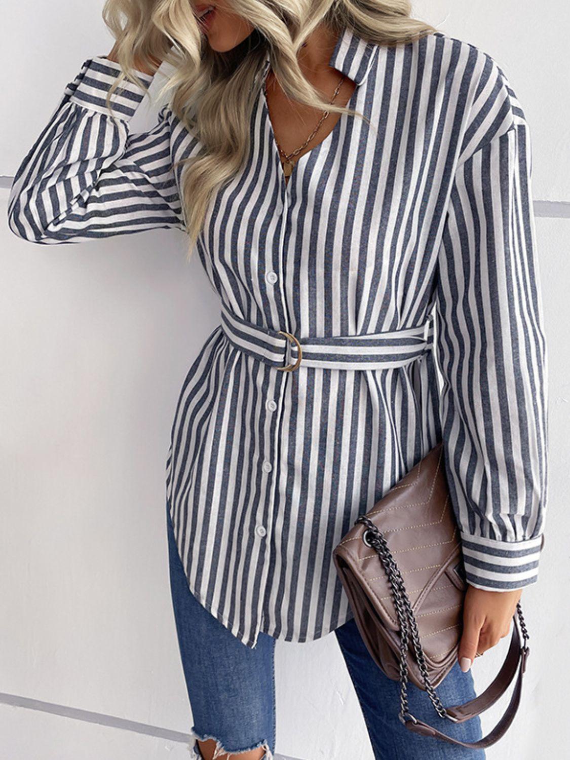 Striped Curved Hem Belted Shirt BLUE ZONE PLANET