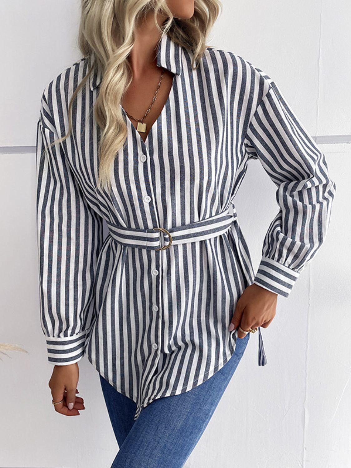 Striped Curved Hem Belted Shirt BLUE ZONE PLANET