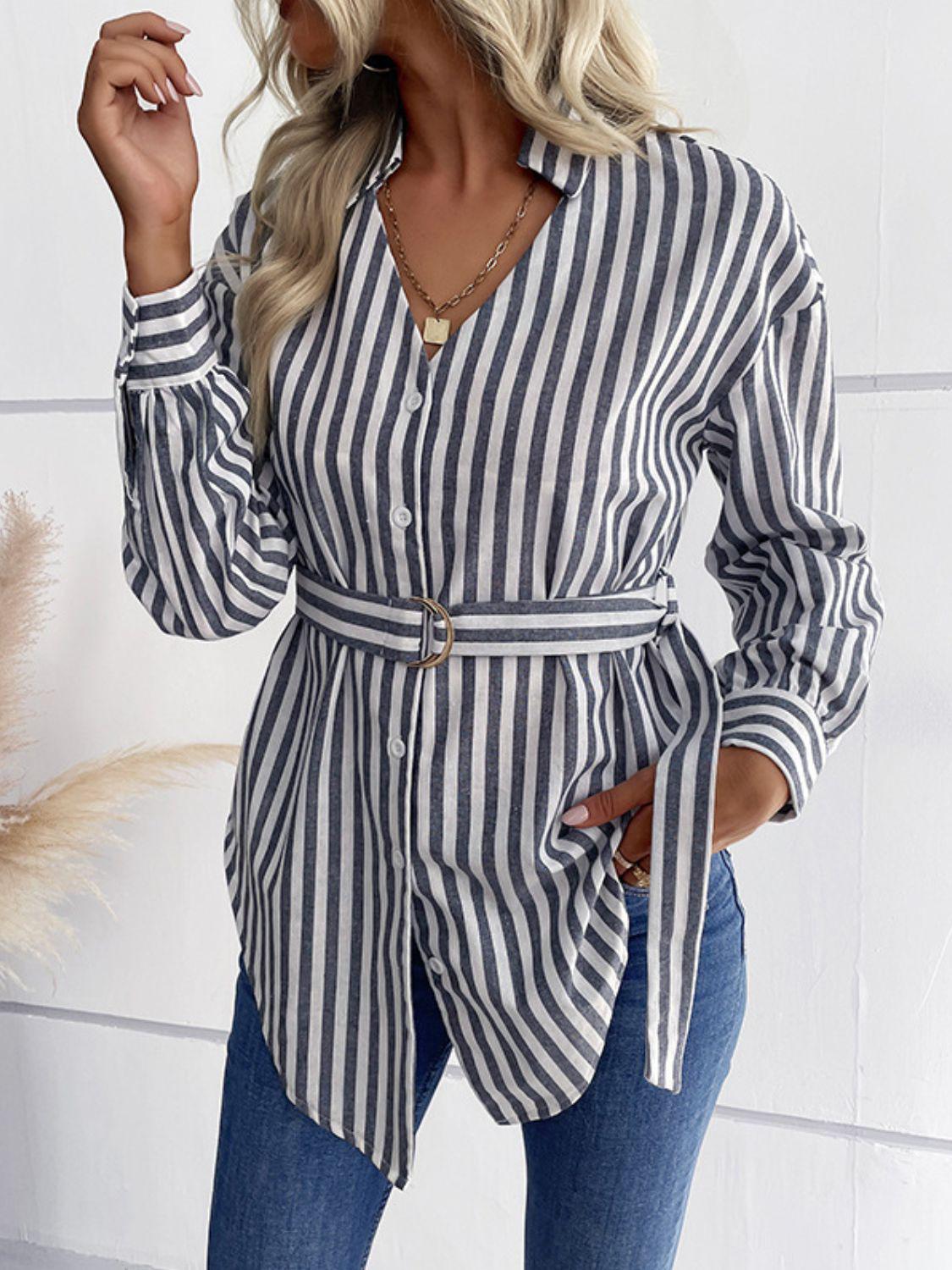 Striped Curved Hem Belted Shirt BLUE ZONE PLANET