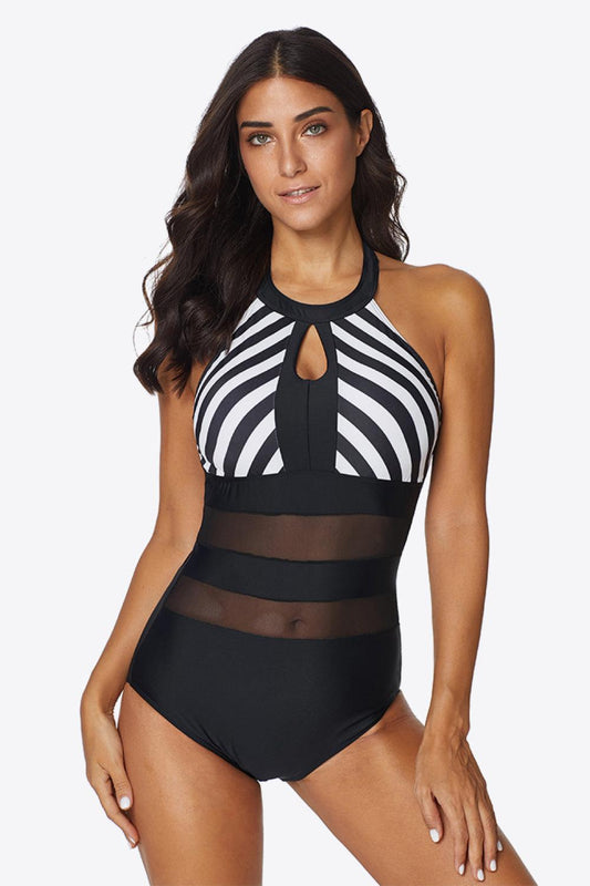 Striped Cutout Spliced Mesh Halter Neck One-Piece Swimsuit BLUE ZONE PLANET