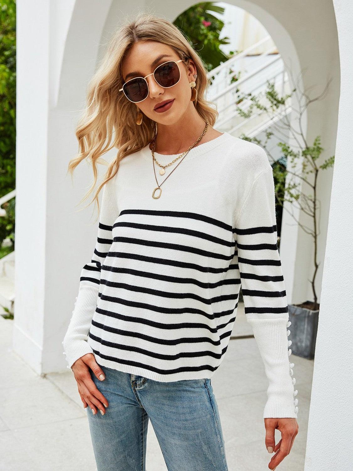 Striped Decorative Button Knit Top-TOPS / DRESSES-[Adult]-[Female]-2022 Blue Zone Planet Online Store