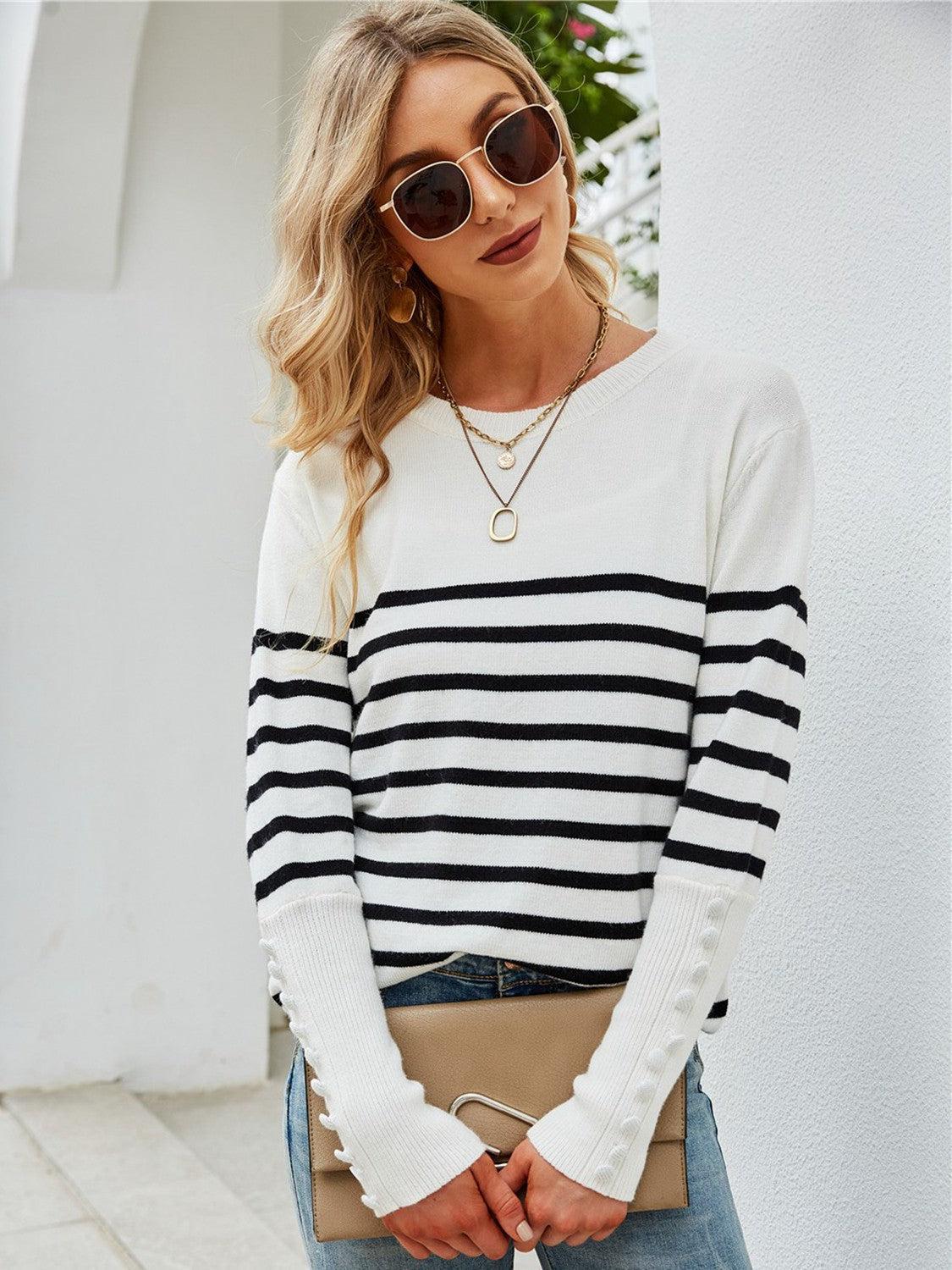Striped Decorative Button Knit Top-TOPS / DRESSES-[Adult]-[Female]-White-S-2022 Blue Zone Planet Online Store