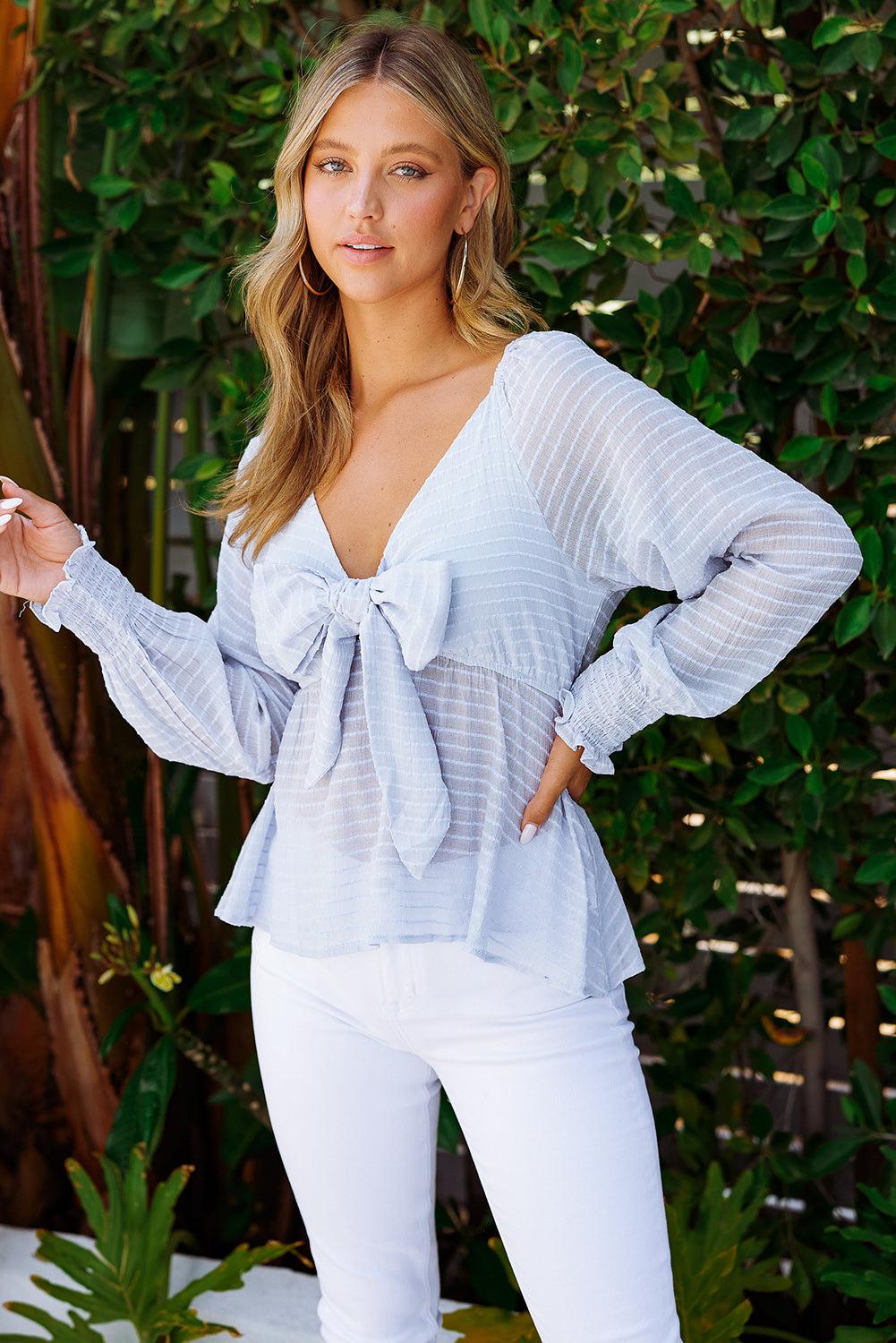 Striped Deep V Bow Detail Babydoll Top BLUE ZONE PLANET