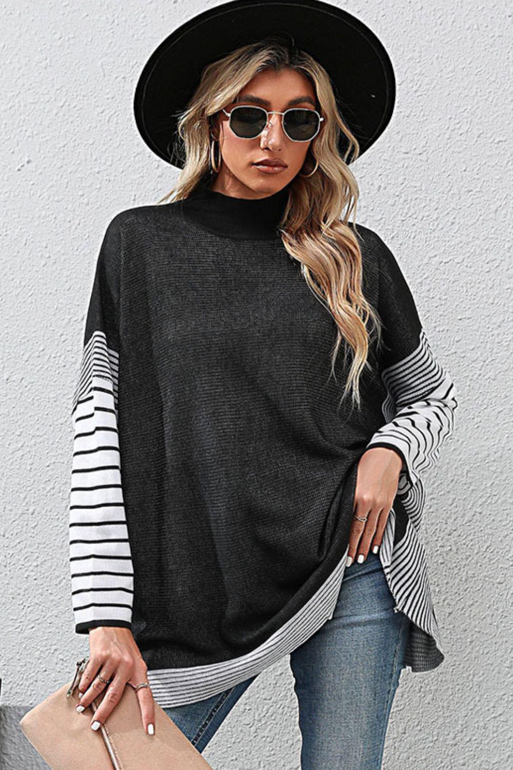 Striped Dolman Sleeve Mock Neck Knit Pullover BLUE ZONE PLANET