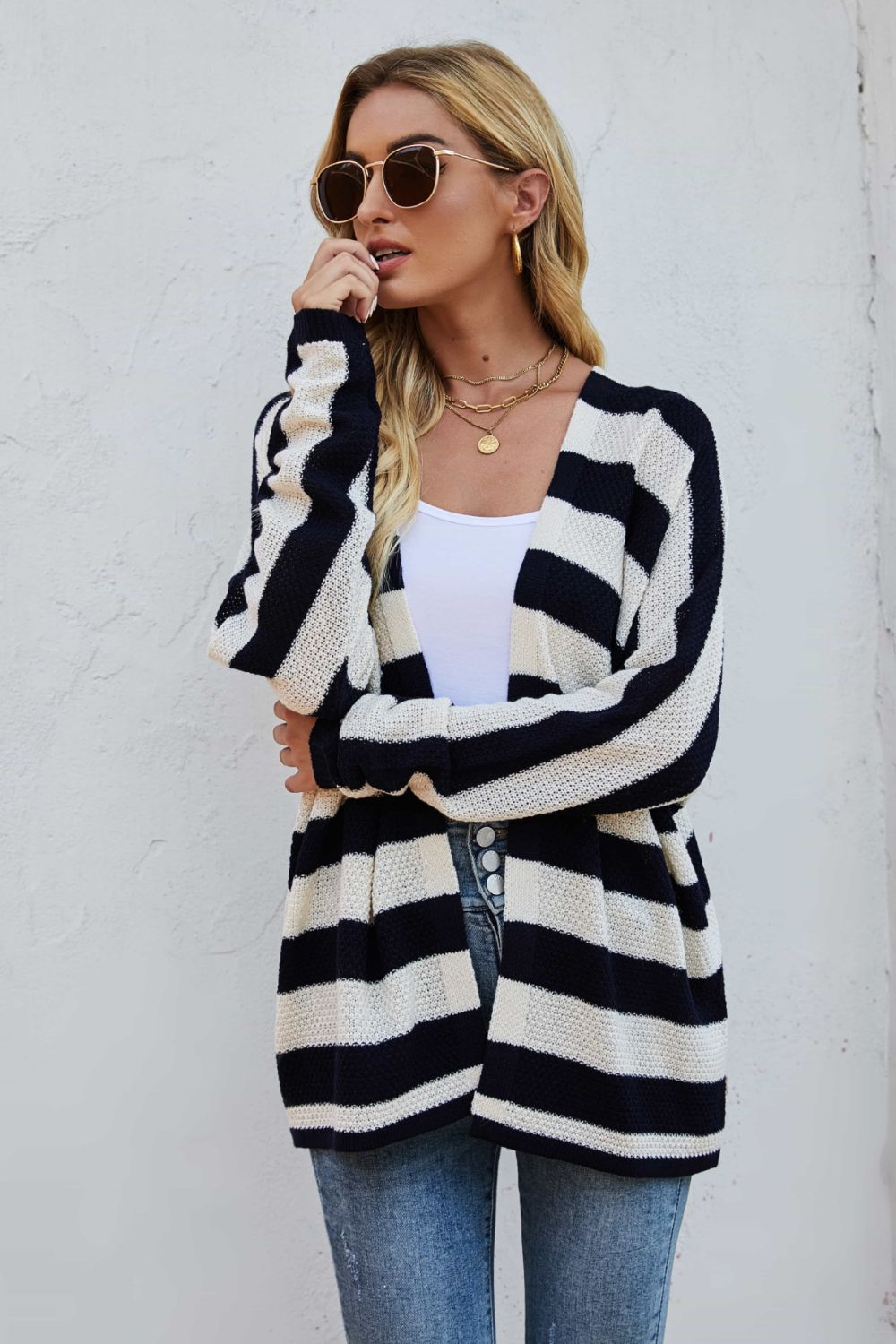 Striped Dolman Sleeve Open Front Cardigan BLUE ZONE PLANET