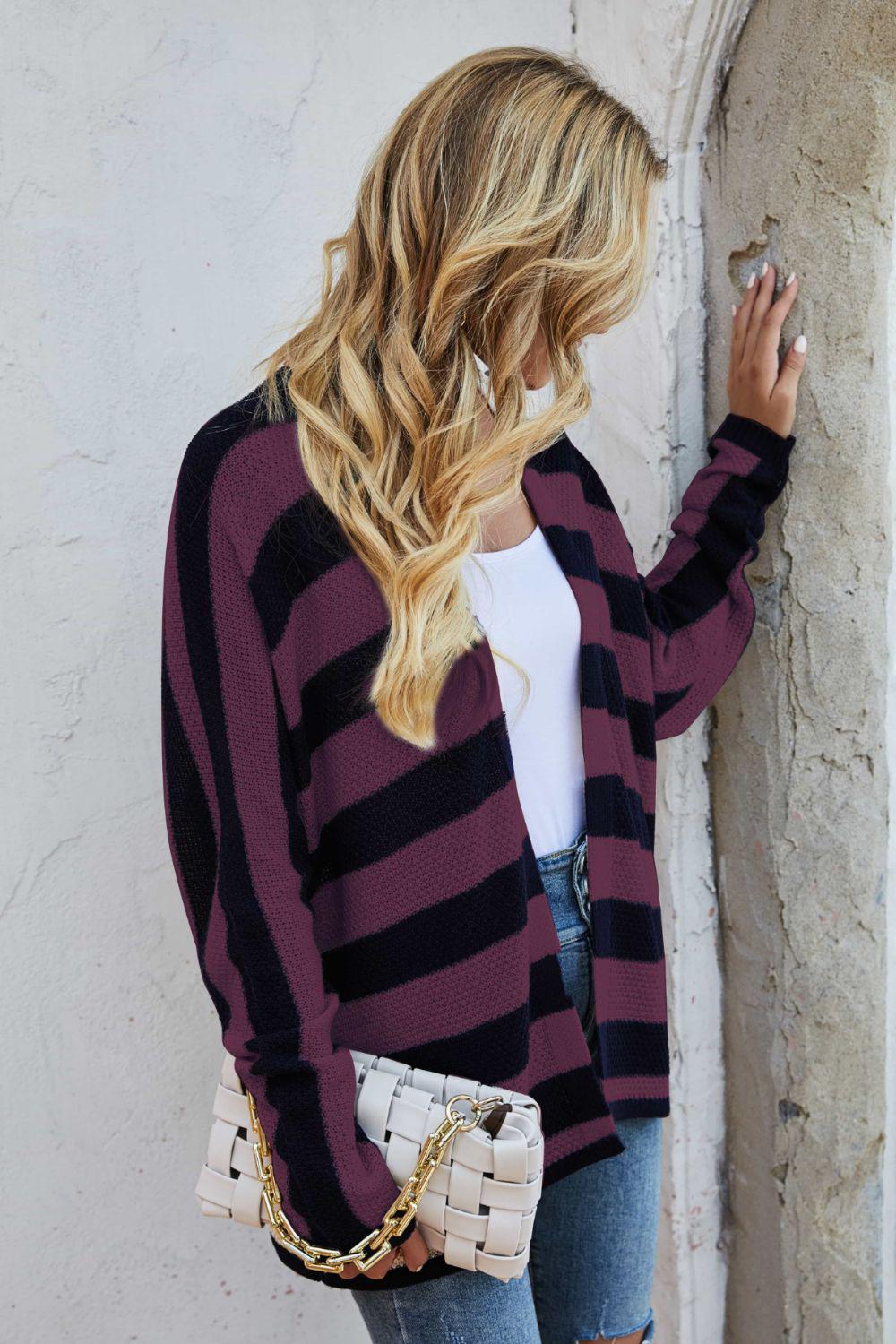 Striped Dolman Sleeve Open Front Cardigan BLUE ZONE PLANET