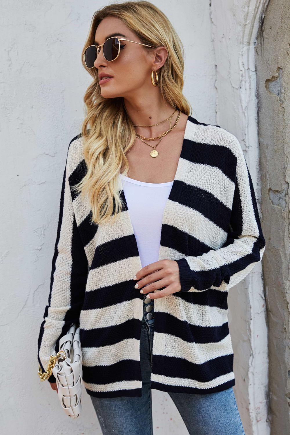 Striped Dolman Sleeve Open Front Cardigan-TOPS / DRESSES-[Adult]-[Female]-Black/White-S-2022 Online Blue Zone Planet