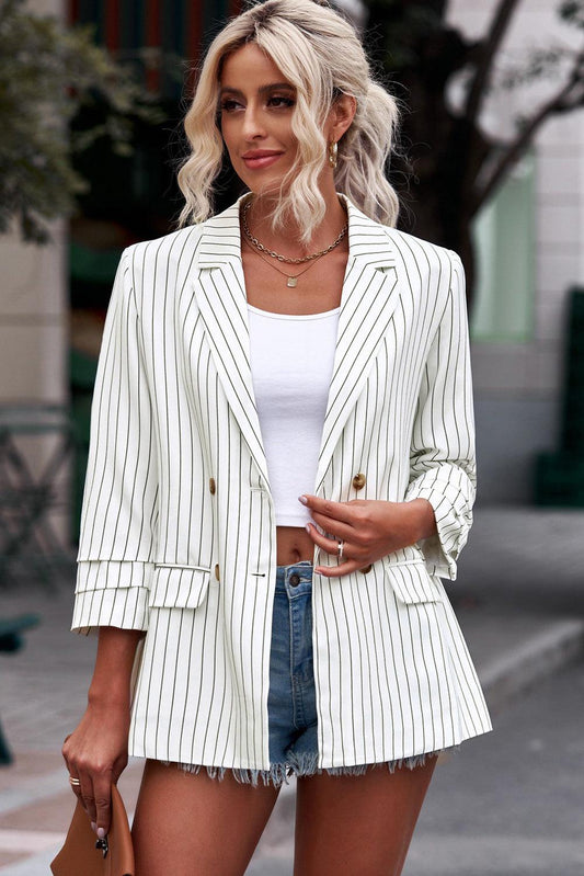 Striped Double-Breasted Long Sleeve Blazer BLUE ZONE PLANET