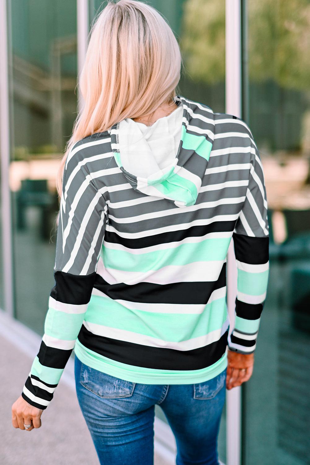 Striped Drawstring Detail Long Sleeve Hoodie BLUE ZONE PLANET