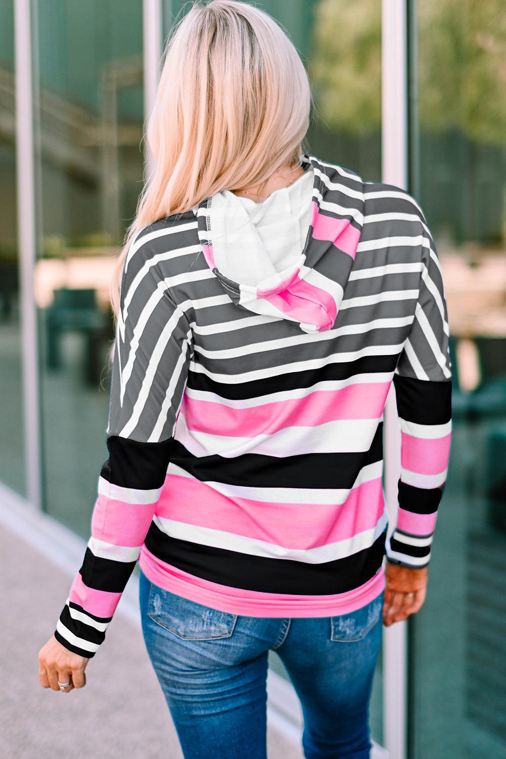 Striped Drawstring Detail Long Sleeve Hoodie BLUE ZONE PLANET