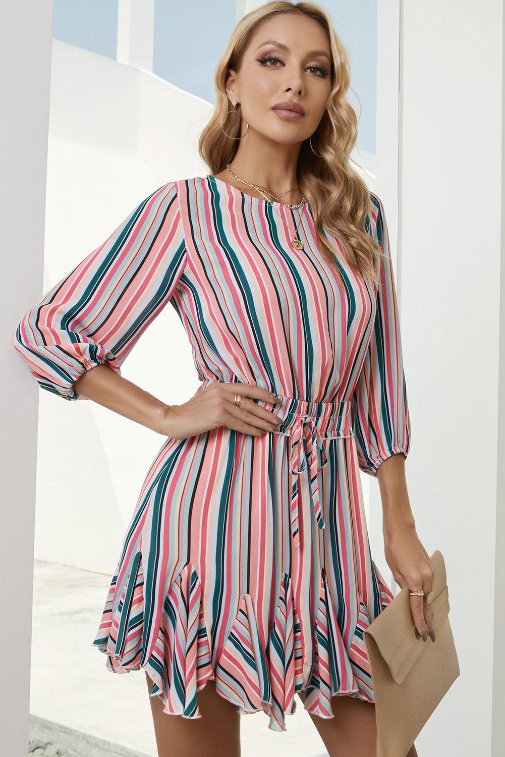 Striped Drawstring Waist Three-Quarter Sleeve Mini Dress BLUE ZONE PLANET