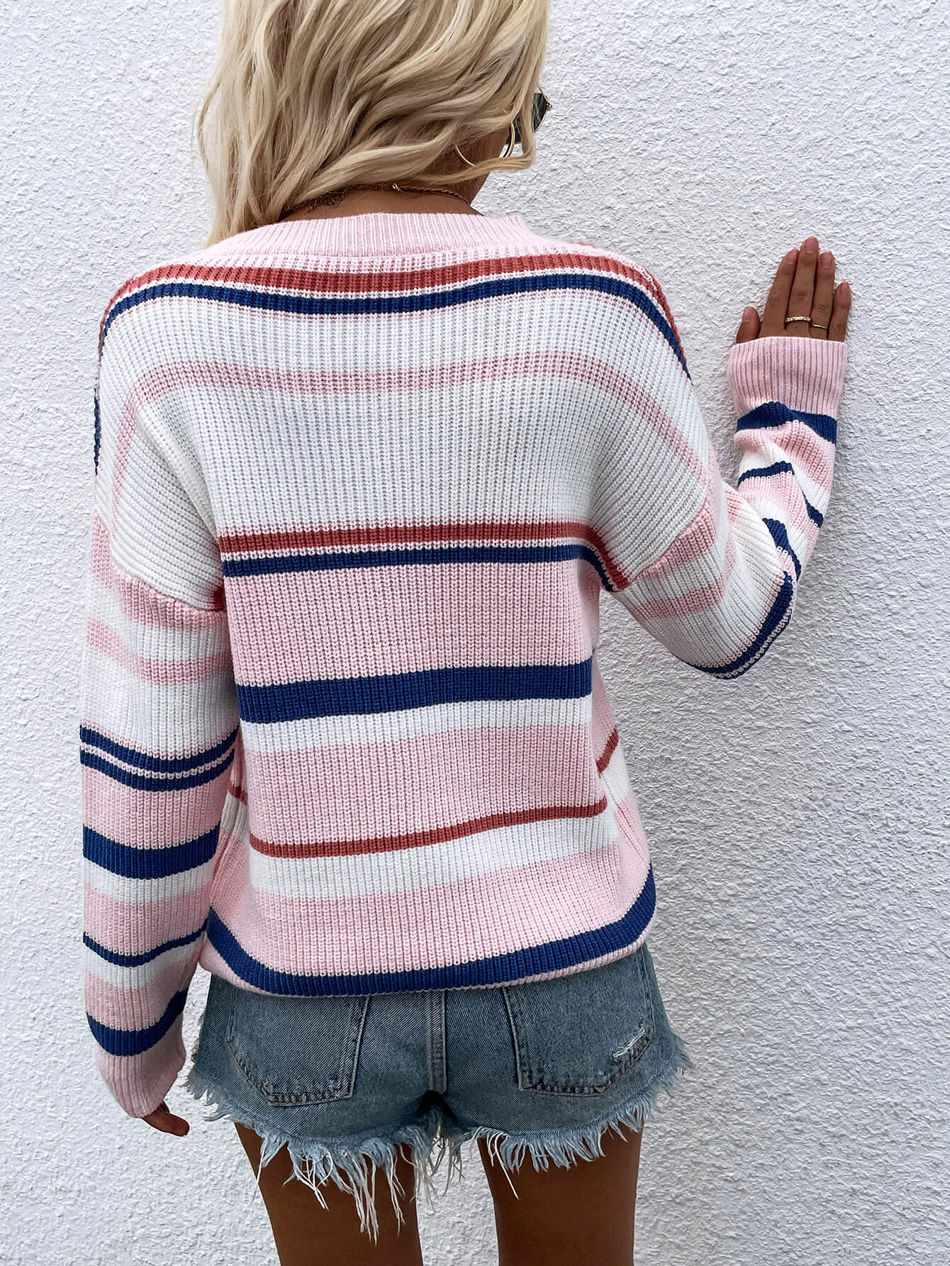 Striped Drop Shoulder Round Neck Pullover Sweater BLUE ZONE PLANET