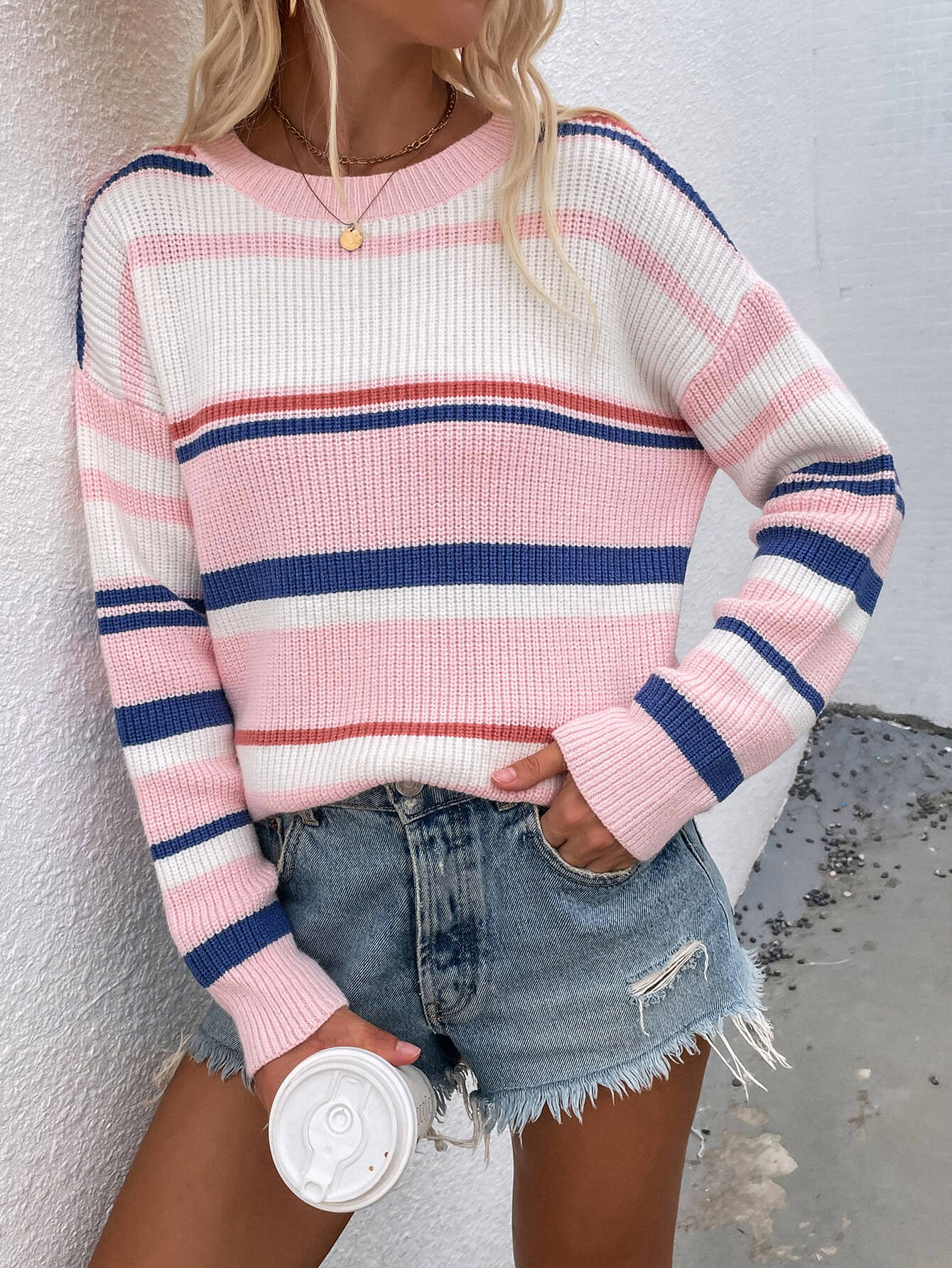 Striped Drop Shoulder Round Neck Pullover Sweater BLUE ZONE PLANET
