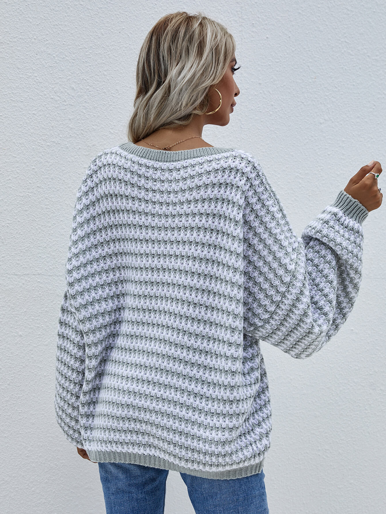 Striped Drop Shoulder V-Neck Pullover Sweater-TOPS / DRESSES-[Adult]-[Female]-2022 Online Blue Zone Planet
