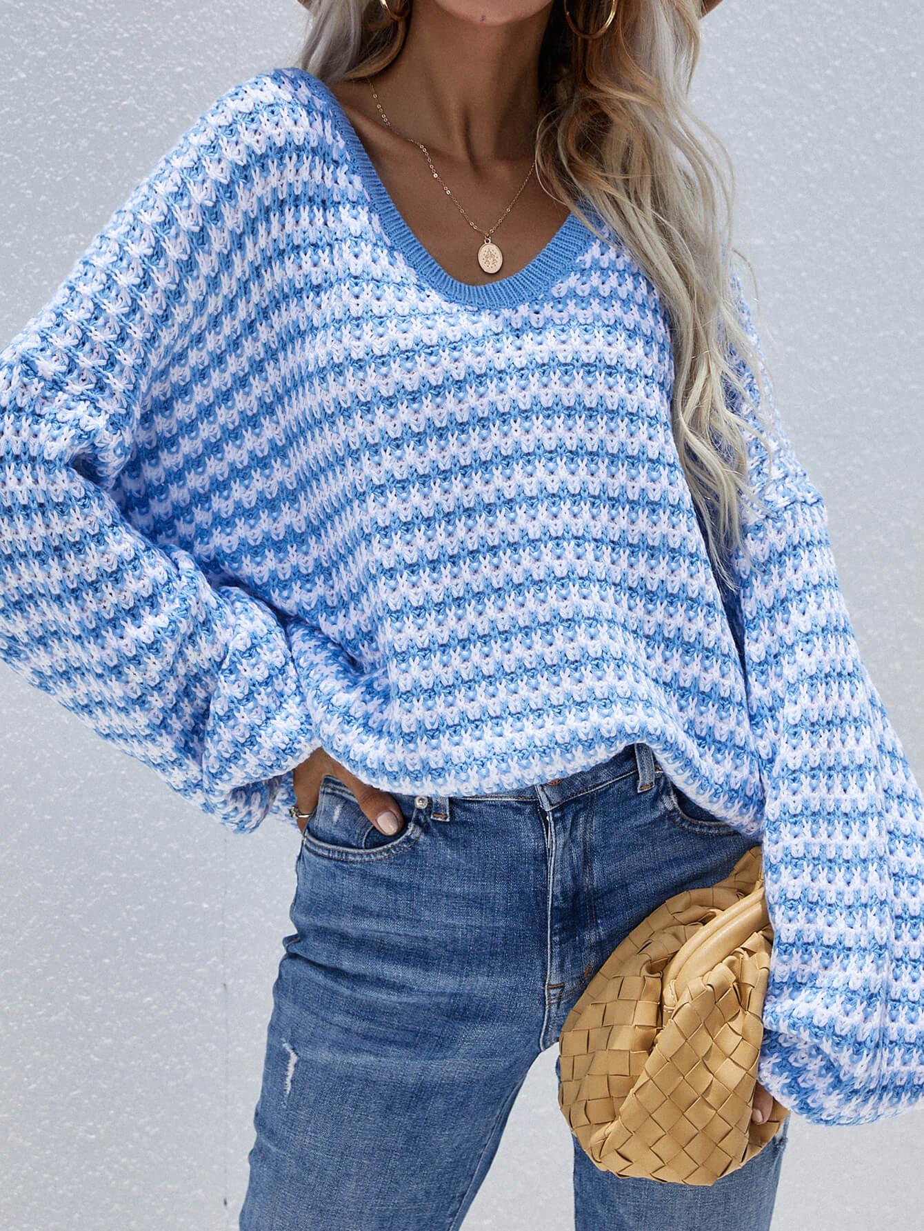 Striped Drop Shoulder V-Neck Pullover Sweater BLUE ZONE PLANET