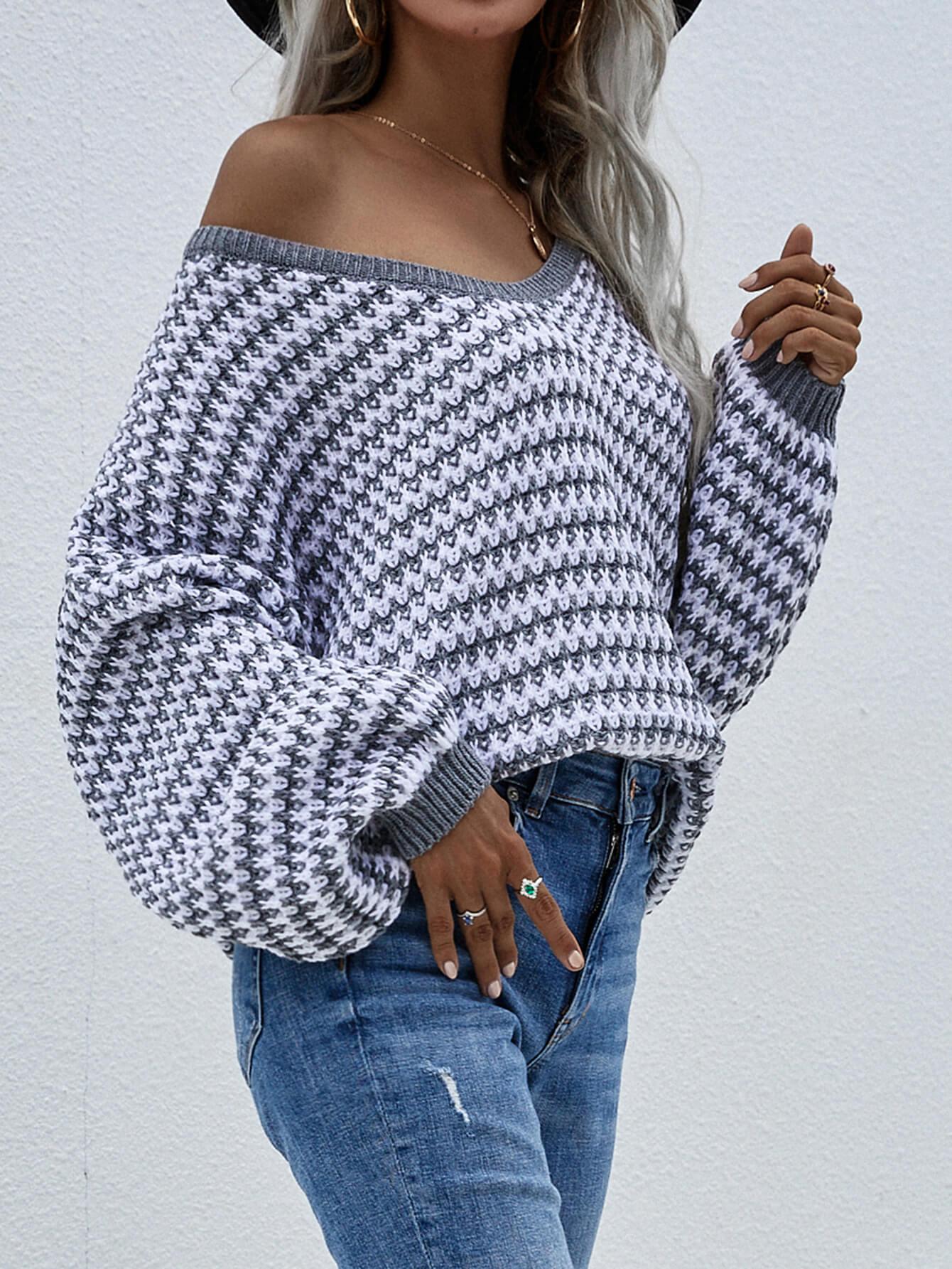 Striped Drop Shoulder V-Neck Pullover Sweater BLUE ZONE PLANET