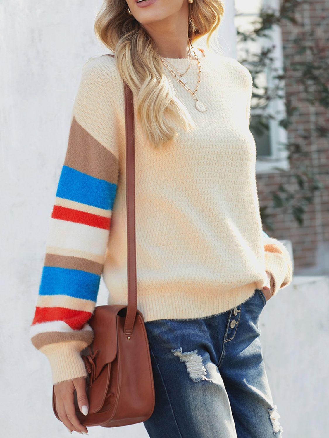 Striped Dropped Shoulder Crewneck Ribbed Trim Sweater BLUE ZONE PLANET