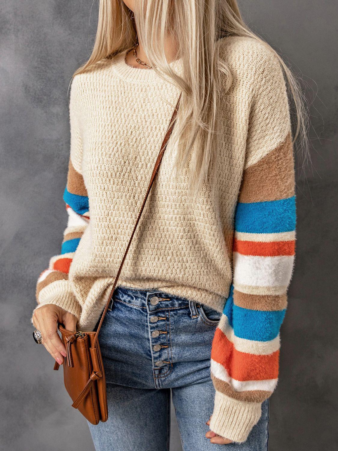 Striped Dropped Shoulder Crewneck Ribbed Trim Sweater BLUE ZONE PLANET