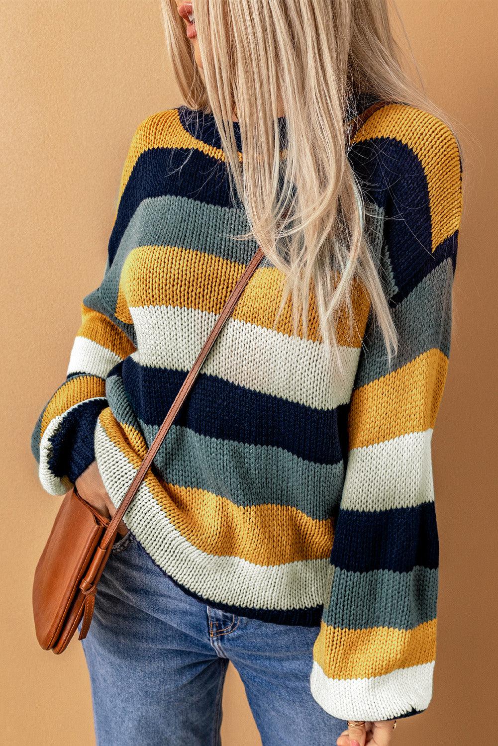 Striped Dropped Shoulder Knitted Pullover Sweater BLUE ZONE PLANET
