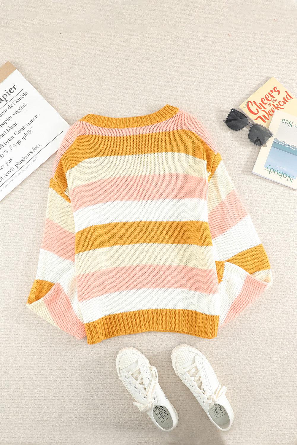 Striped Dropped Shoulder Knitted Pullover Sweater-TOPS / DRESSES-[Adult]-[Female]-2022 Online Blue Zone Planet