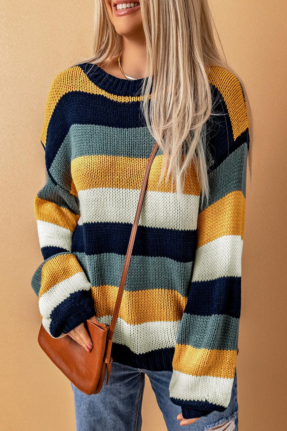 Striped Dropped Shoulder Knitted Pullover Sweater-TOPS / DRESSES-[Adult]-[Female]-Blue-S-2022 Online Blue Zone Planet