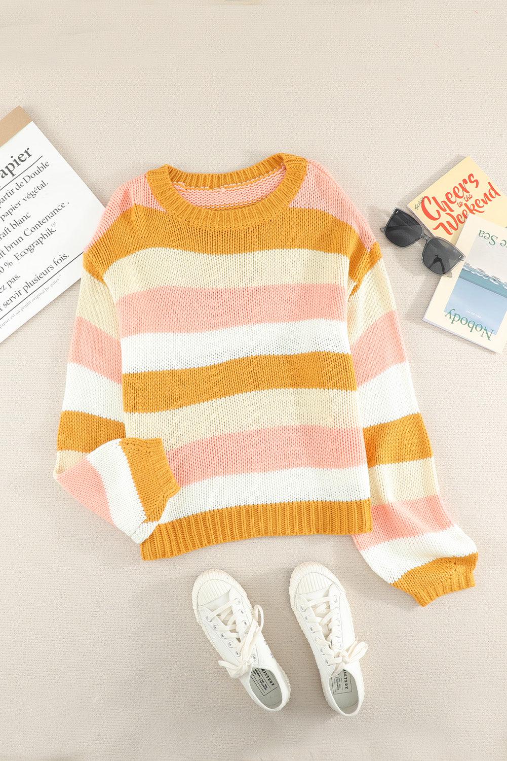 Striped Dropped Shoulder Knitted Pullover Sweater-TOPS / DRESSES-[Adult]-[Female]-Yellow-S-2022 Online Blue Zone Planet