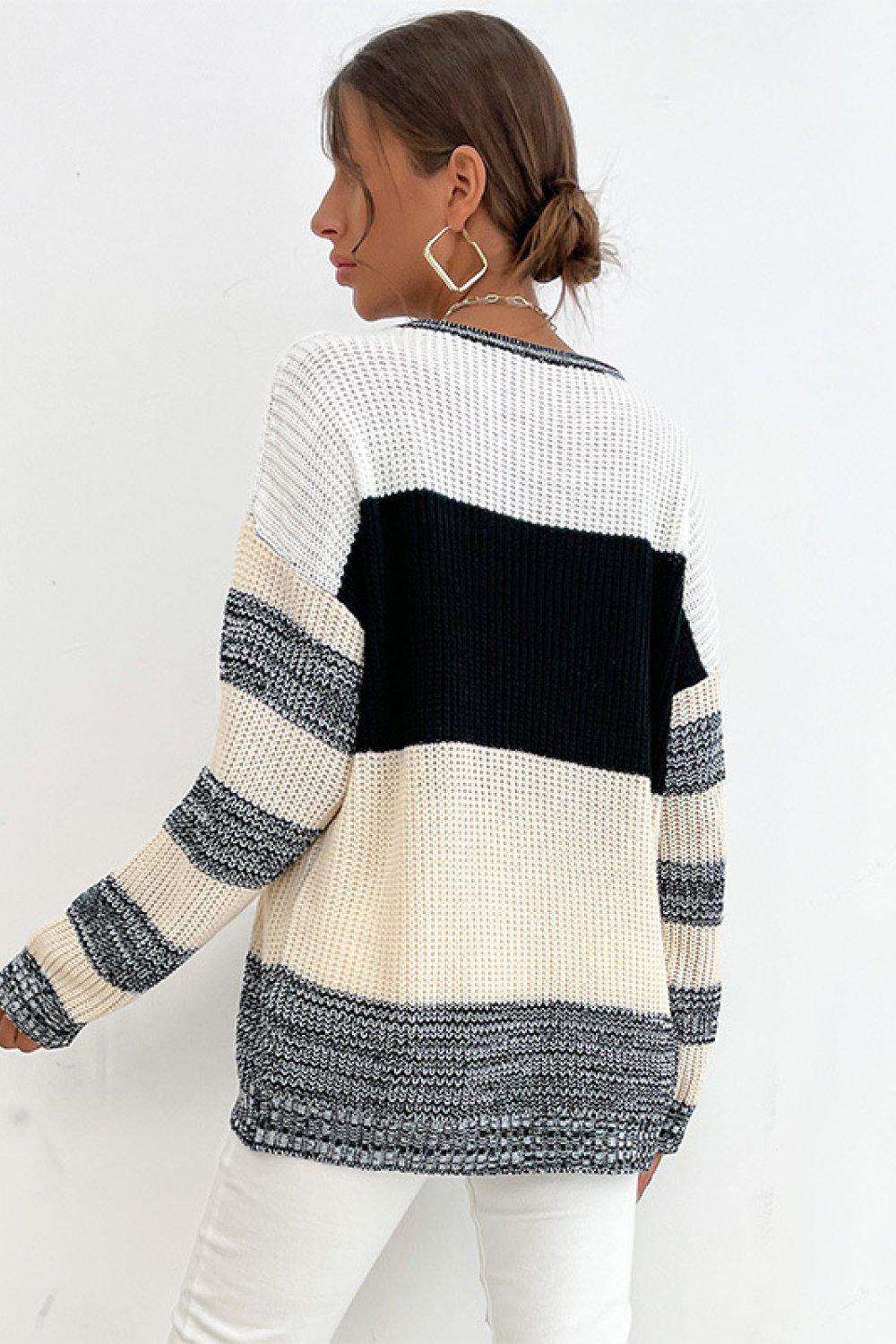 Striped Dropped Shoulder Pullover Sweater BLUE ZONE PLANET