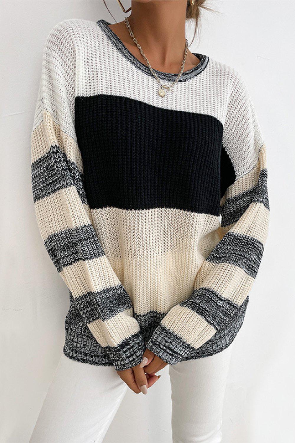 Striped Dropped Shoulder Pullover Sweater-TOPS / DRESSES-[Adult]-[Female]-Black/White-S-Blue Zone Planet