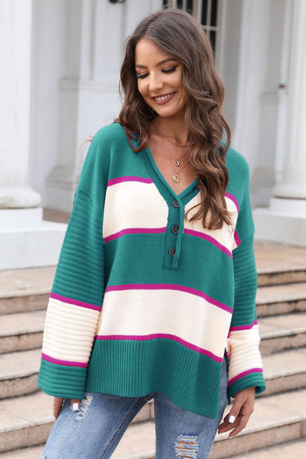 Striped Dropped Shoulder Side Slit Sweater-TOPS / DRESSES-[Adult]-[Female]-Green-S-Blue Zone Planet