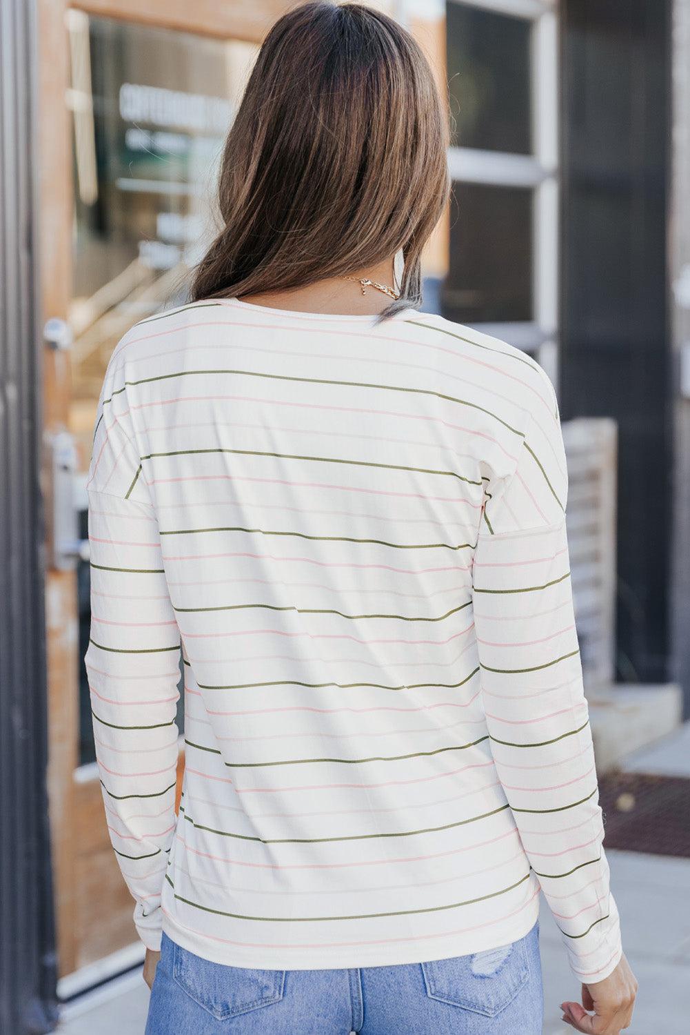 Striped Dropped Shoulder V-Neck Top BLUE ZONE PLANET