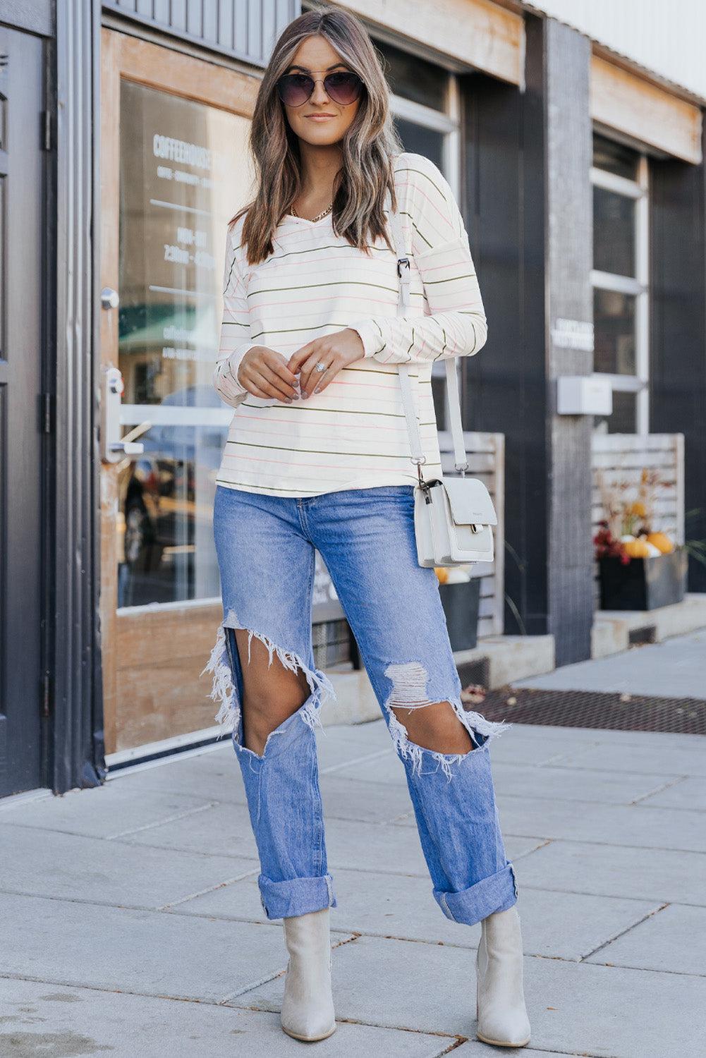 Striped Dropped Shoulder V-Neck Top BLUE ZONE PLANET