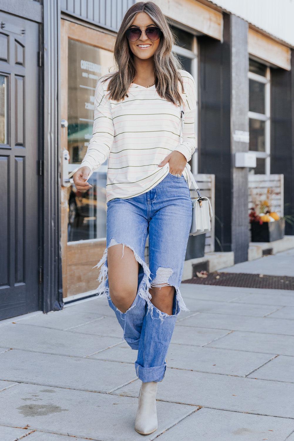 Striped Dropped Shoulder V-Neck Top BLUE ZONE PLANET