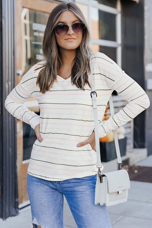 Striped Dropped Shoulder V-Neck Top BLUE ZONE PLANET