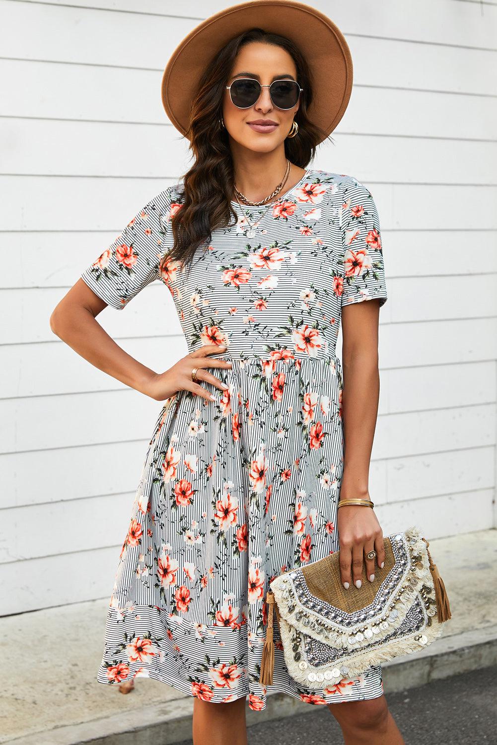 Striped Floral Short Sleeve  Dress with Pockets BLUE ZONE PLANET