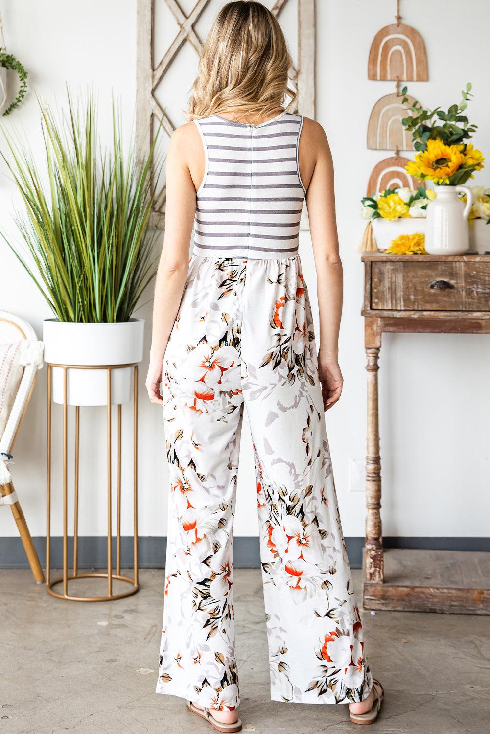 Striped Floral Sleeveless Wide Leg Jumpsuit with Pockets BLUE ZONE PLANET