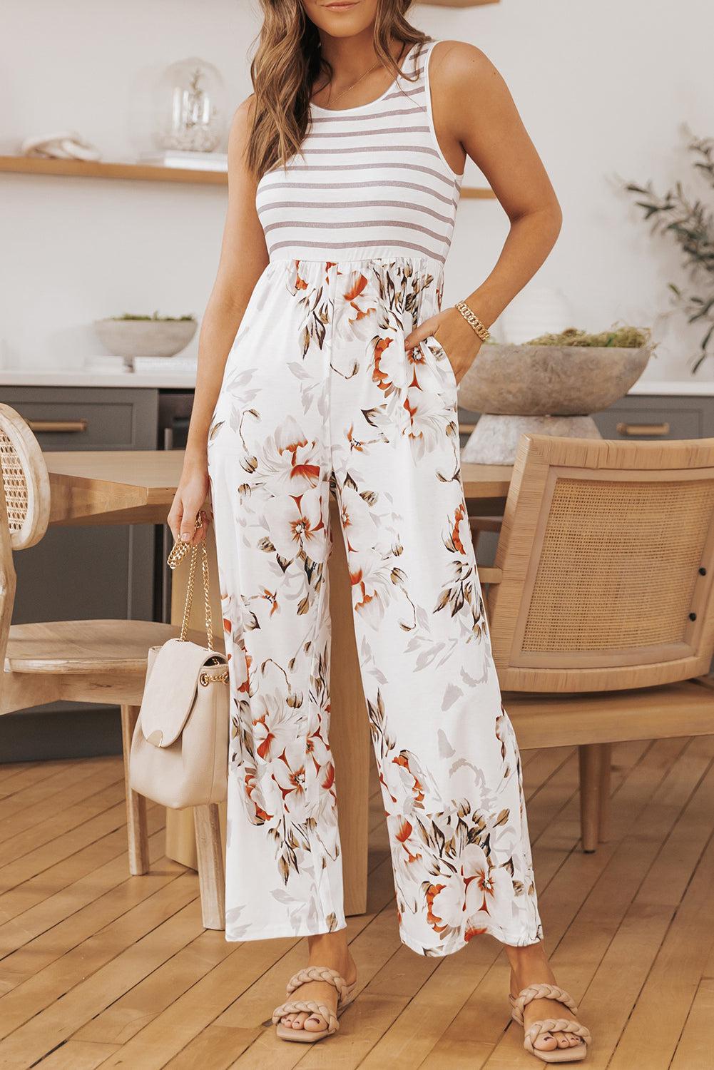 Striped Floral Sleeveless Wide Leg Jumpsuit with Pockets BLUE ZONE PLANET