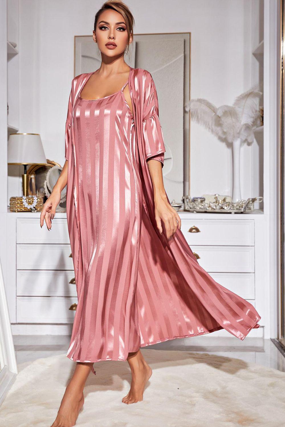 Striped Flounce Sleeve Open Front Robe and Cami Dress Set-TOPS / DRESSES-[Adult]-[Female]-2022 Online Blue Zone Planet