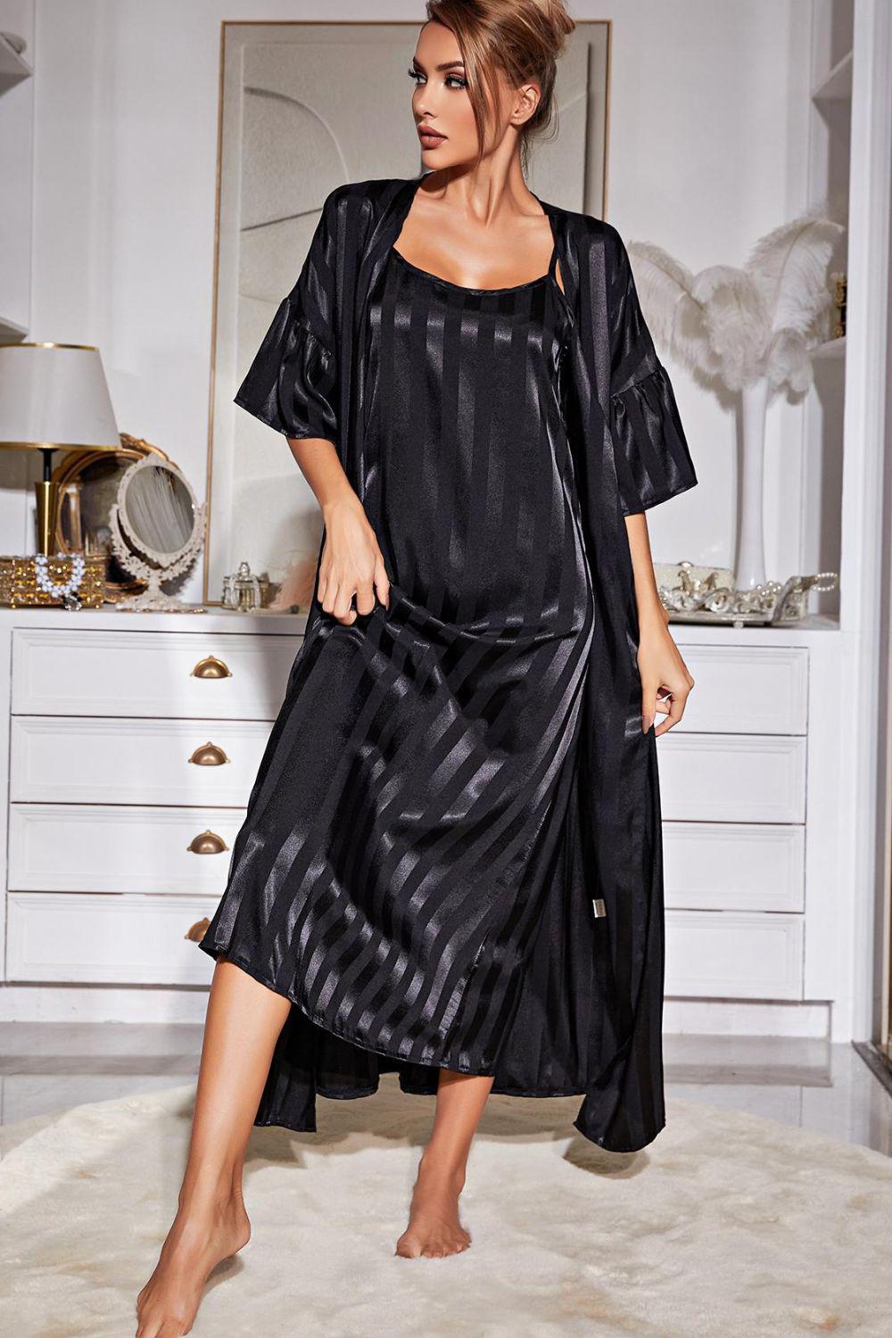 Striped Flounce Sleeve Open Front Robe and Cami Dress Set-TOPS / DRESSES-[Adult]-[Female]-Black-S-2022 Online Blue Zone Planet