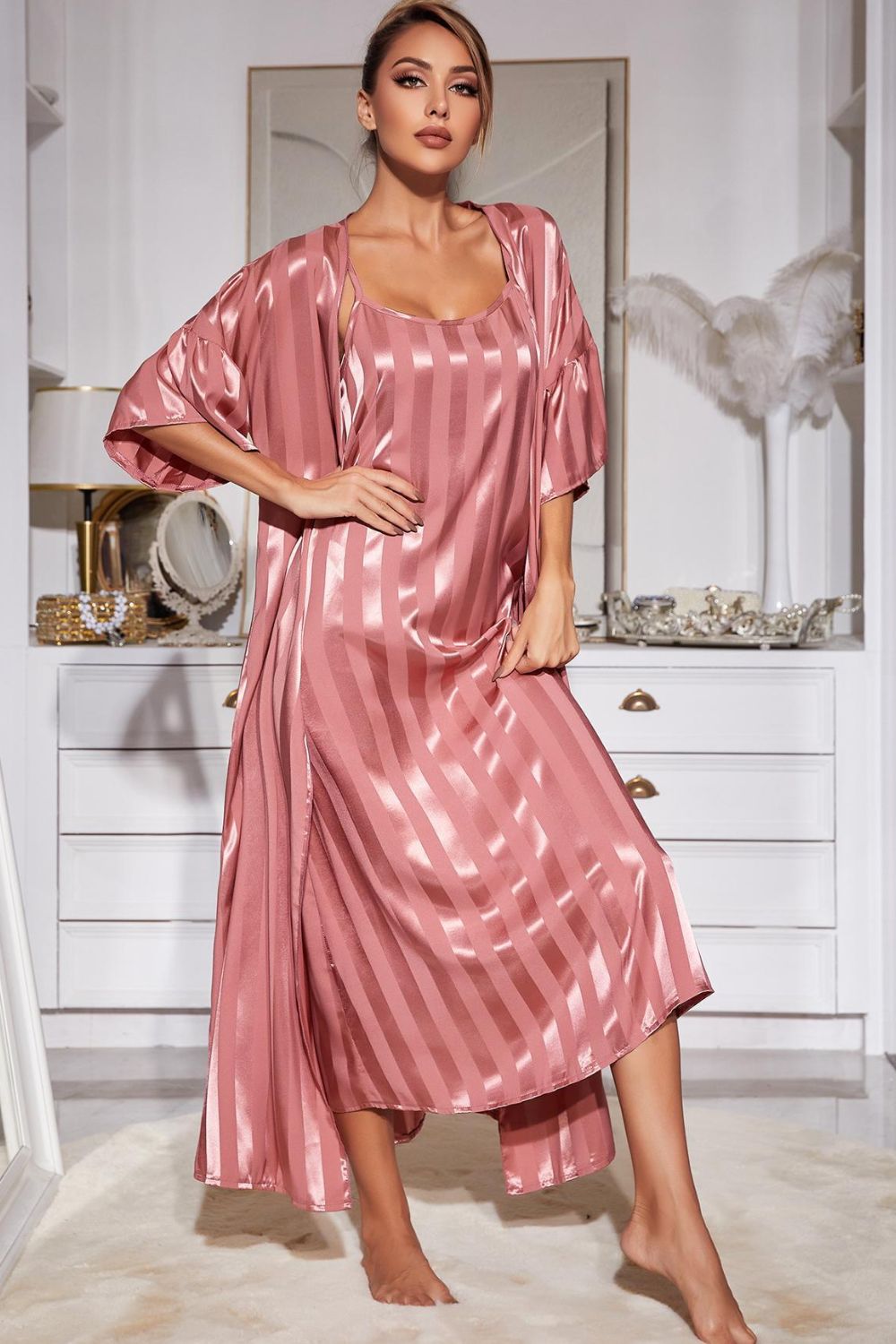 Striped Flounce Sleeve Open Front Robe and Cami Dress Set-TOPS / DRESSES-[Adult]-[Female]-Pink-S-2022 Online Blue Zone Planet