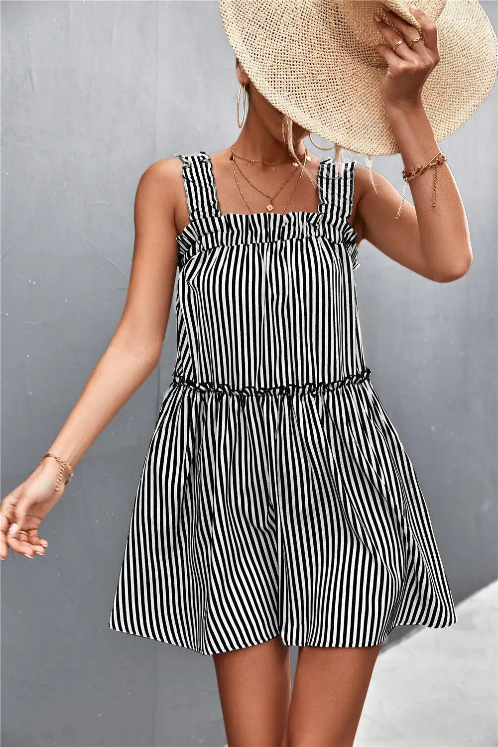 Striped Frill Trim Square Neck Dress BLUE ZONE PLANET
