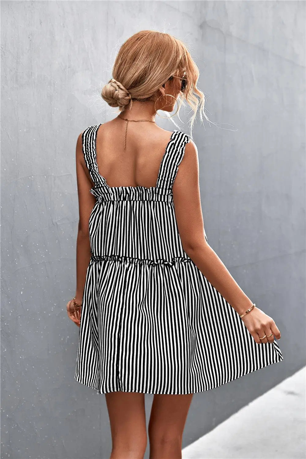 Striped Frill Trim Square Neck Dress BLUE ZONE PLANET
