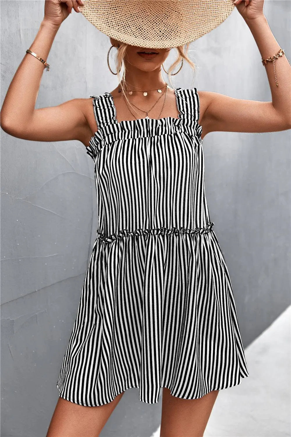 Striped Frill Trim Square Neck Dress BLUE ZONE PLANET
