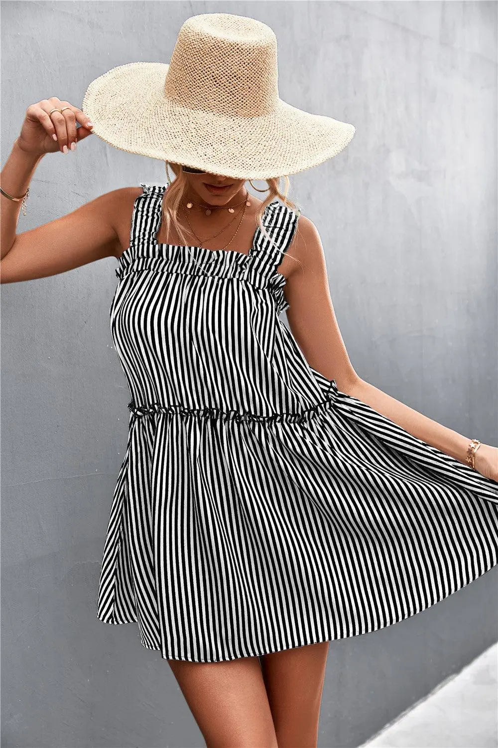 Striped Frill Trim Square Neck Dress BLUE ZONE PLANET