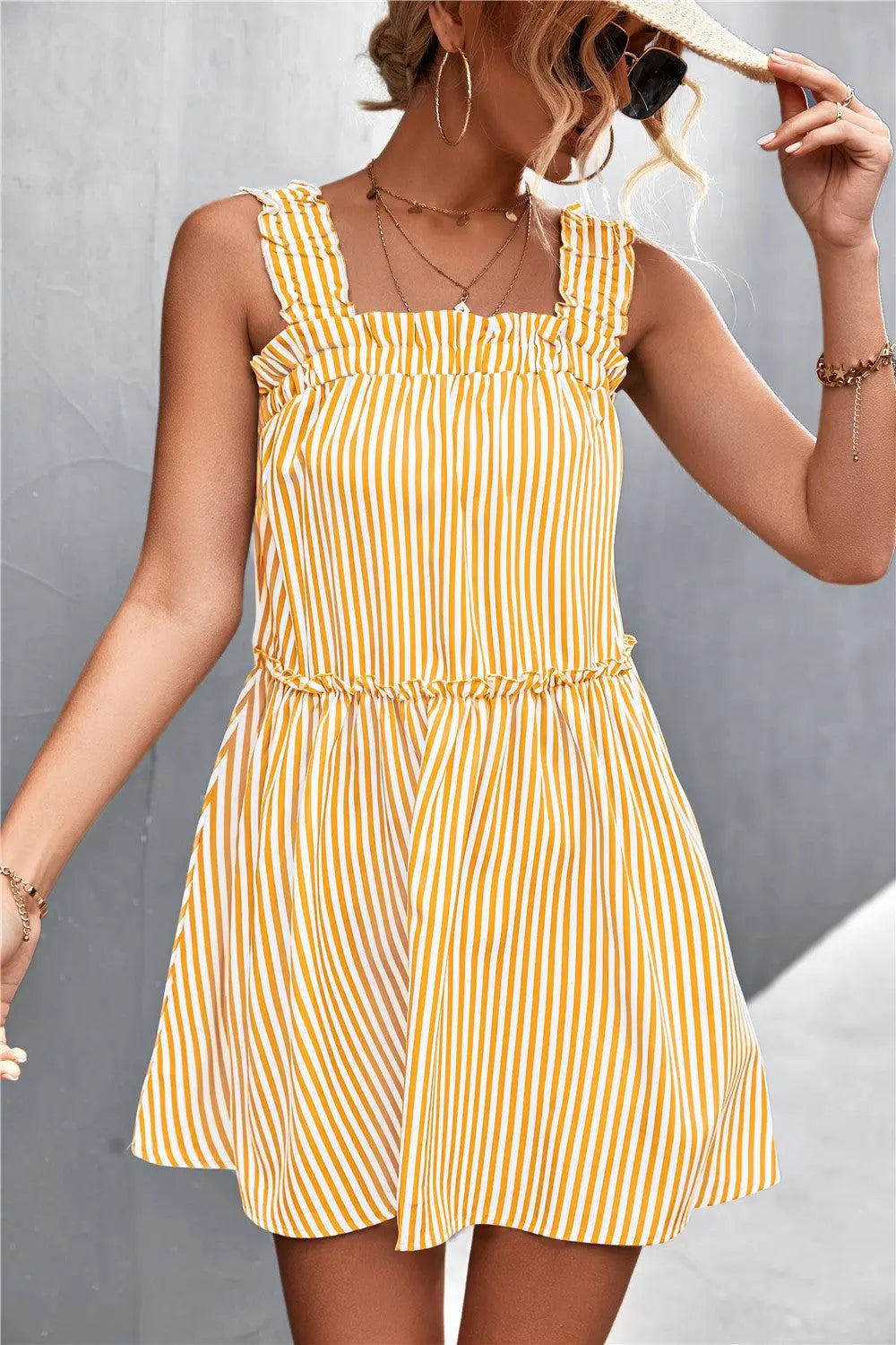 Striped Frill Trim Square Neck Dress BLUE ZONE PLANET